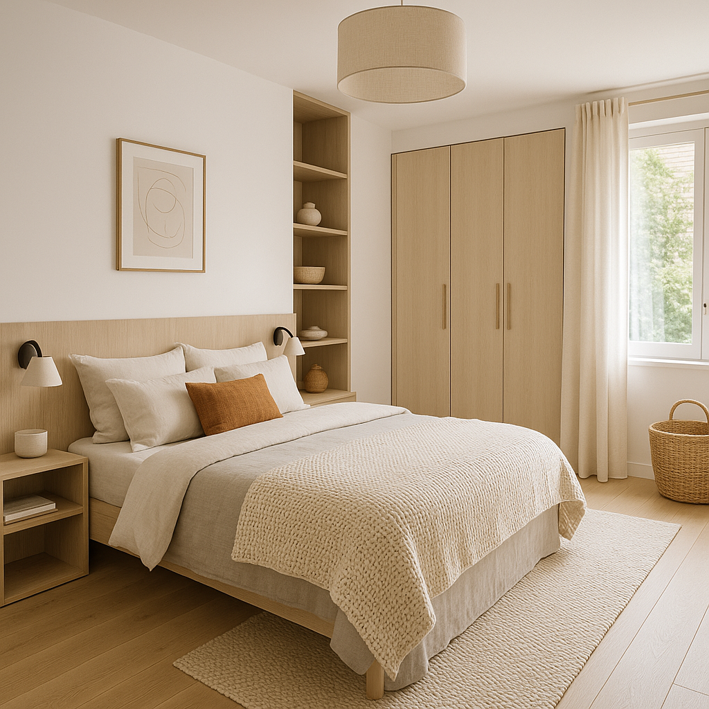 Aménagement fluide et matières confortables dans une chambre parentale