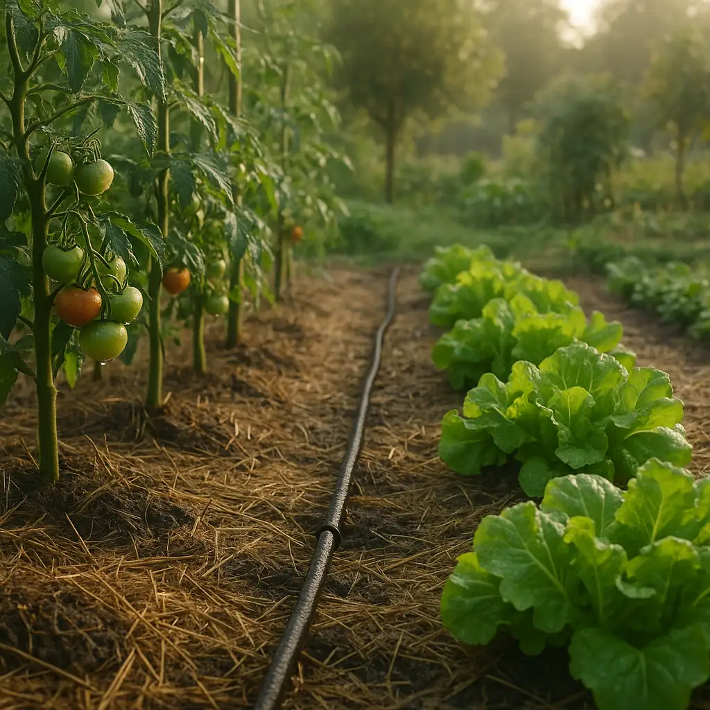 Arroser son jardin en été sans gaspiller d’eau : méthodes simples et efficaces 2 Arrosage goutte-à-goutte au pied des plantes dans un jardin paillé