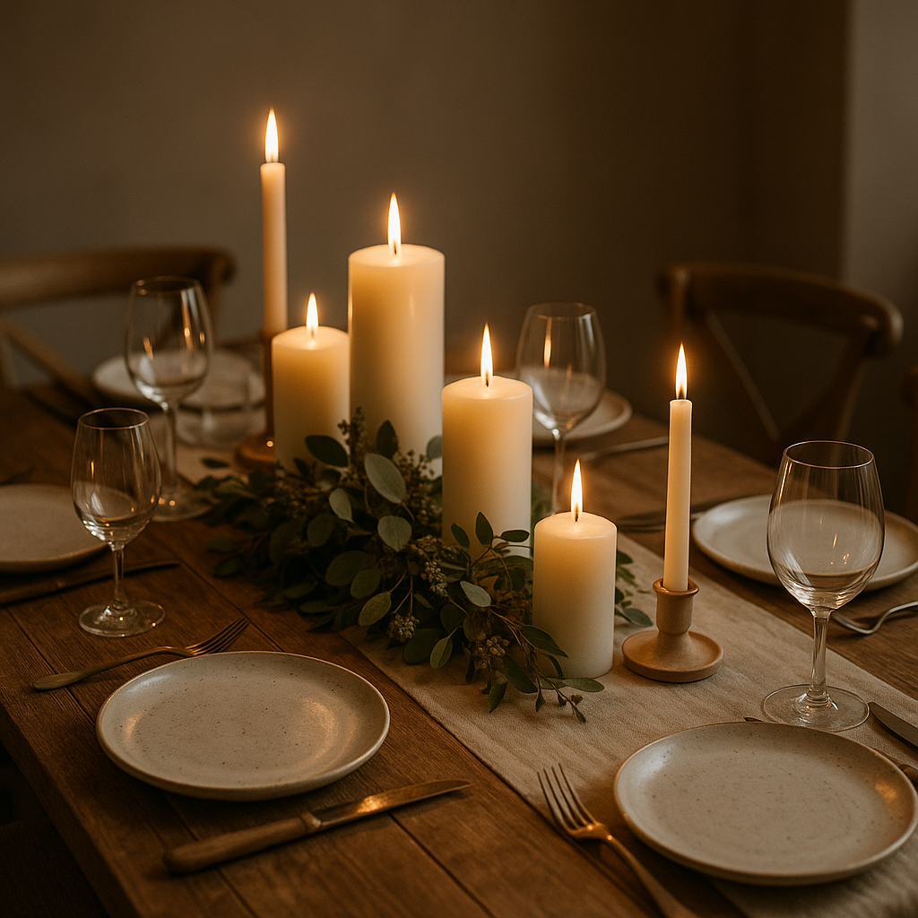 Bougies sur table à manger pour créer un centre de table chaleureux