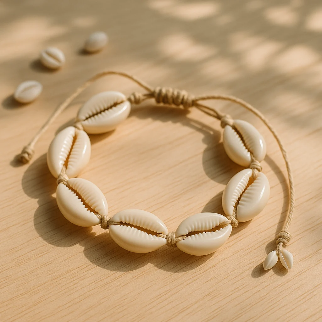 Bracelet en coquillages cauris DIY sur une table d’été