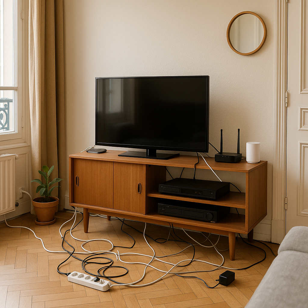 Les objets qui encombrent visuellement un intérieur sans qu’on s’en rende compte 5 Câbles visibles dans un salon créant une pollution visuelle