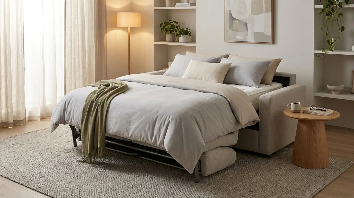 Canapé-lit beige déplié avec une parure de lit douillette dans un salon lumineux au style scandinave.