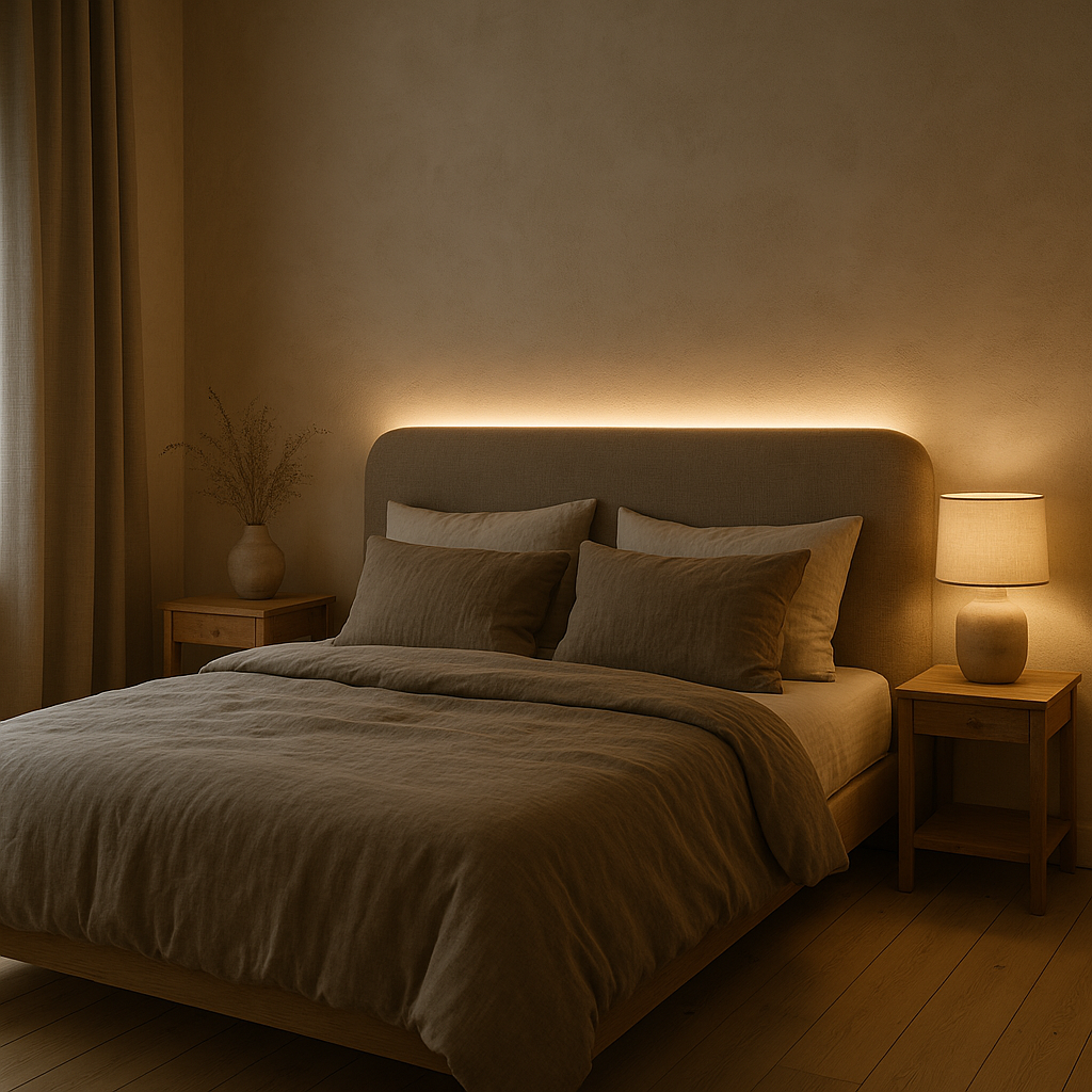 Chambre avec néon LED au-dessus de la tête de lit