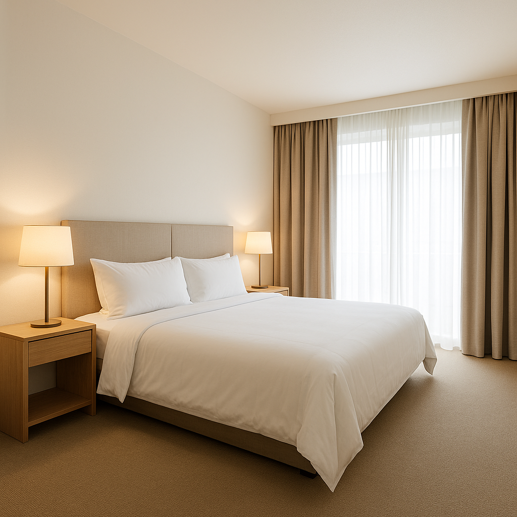 Chambre d’hôtel chaleureuse avec literie impeccable et éclairage doux