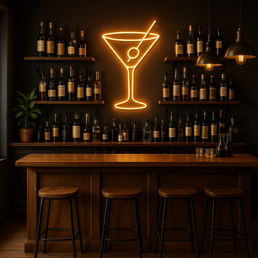 Coin bar maison avec enseigne néon LED décorative
