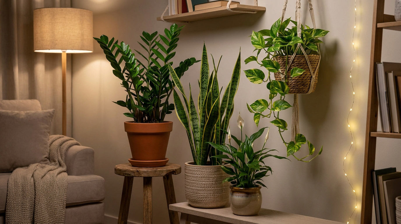 Plantes d'intérieur variées comme un zamioculcas, une langue de belle-mère et un pothos dans un salon chaleureux.