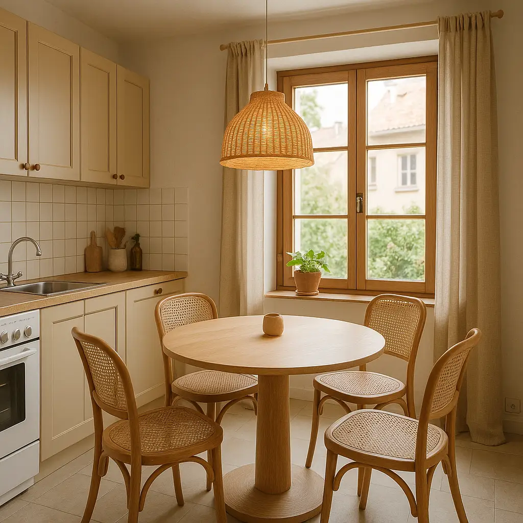 Coin repas convivial dans une petite cuisine compacte