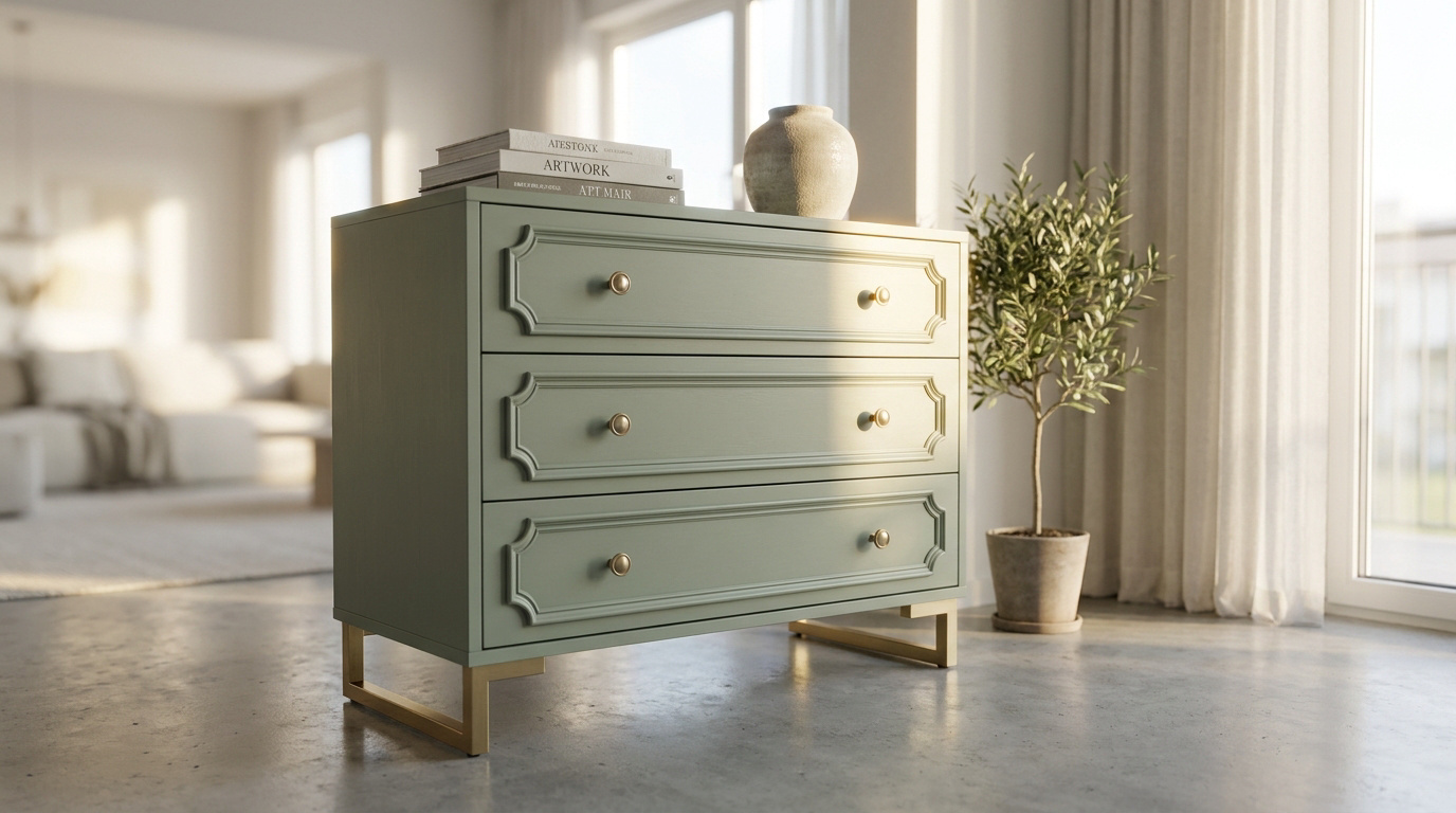 Commode vert sauge avec moulures et pieds dorés, posée dans un salon lumineux.