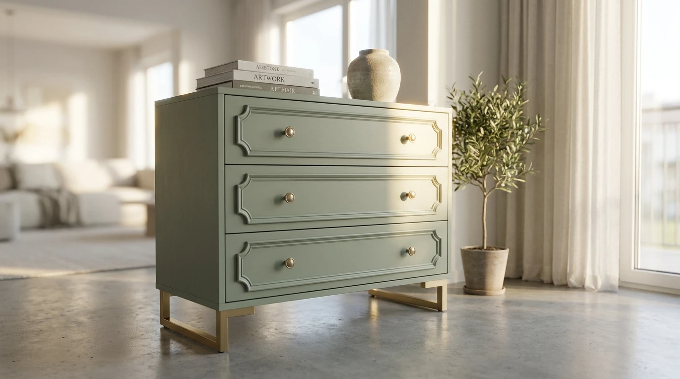 Commode vert sauge avec moulures et pieds dorés, posée dans un salon lumineux.