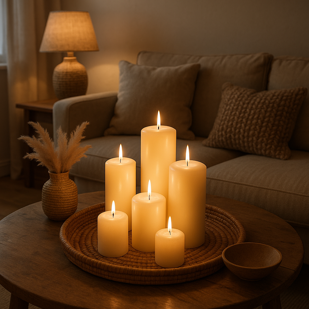 Composition de bougies décoratives sur une table basse dans un salon cosy