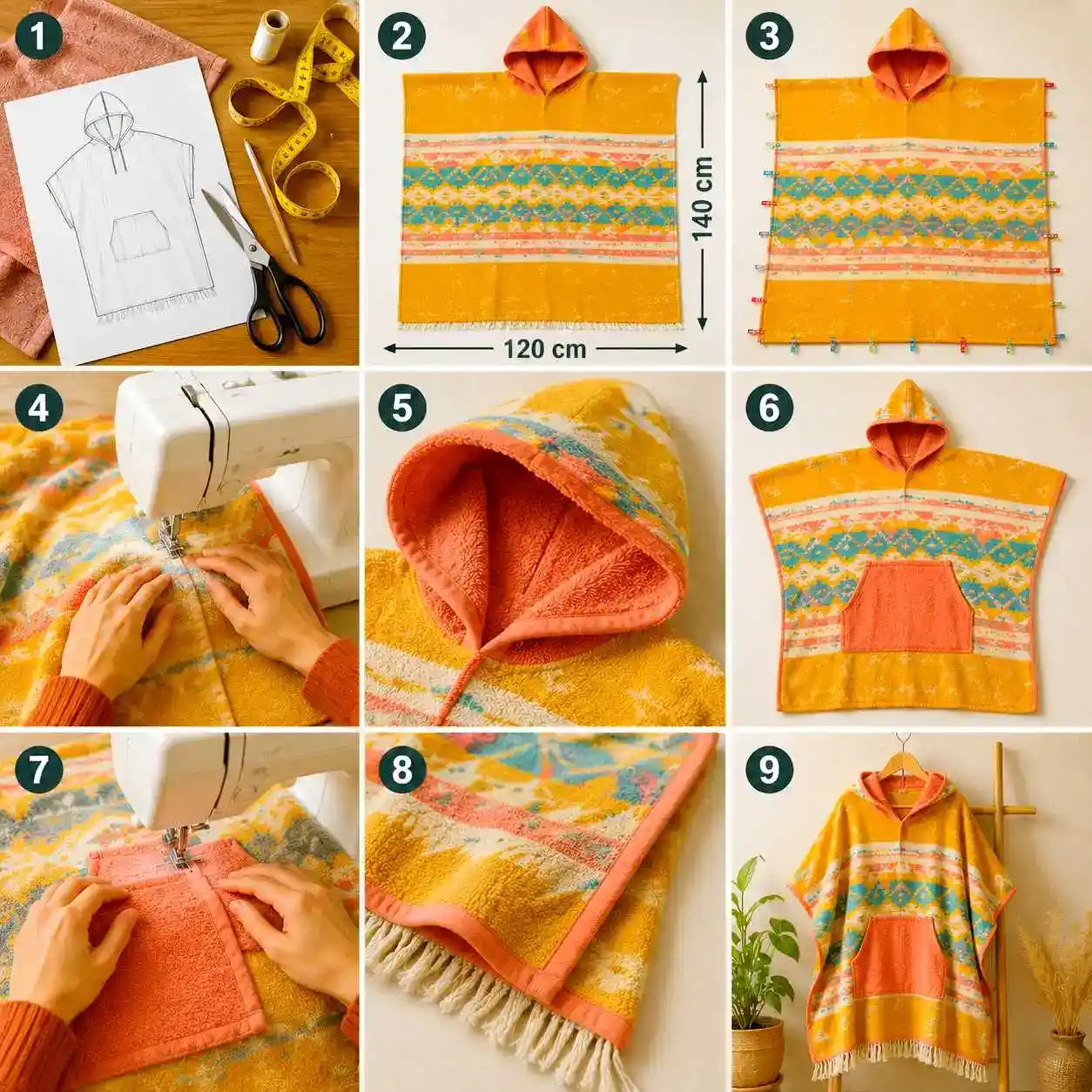 Tutoriel illustré montrant les étapes pour fabriquer un poncho de bain à capuche avec patron, couture et assemblage.