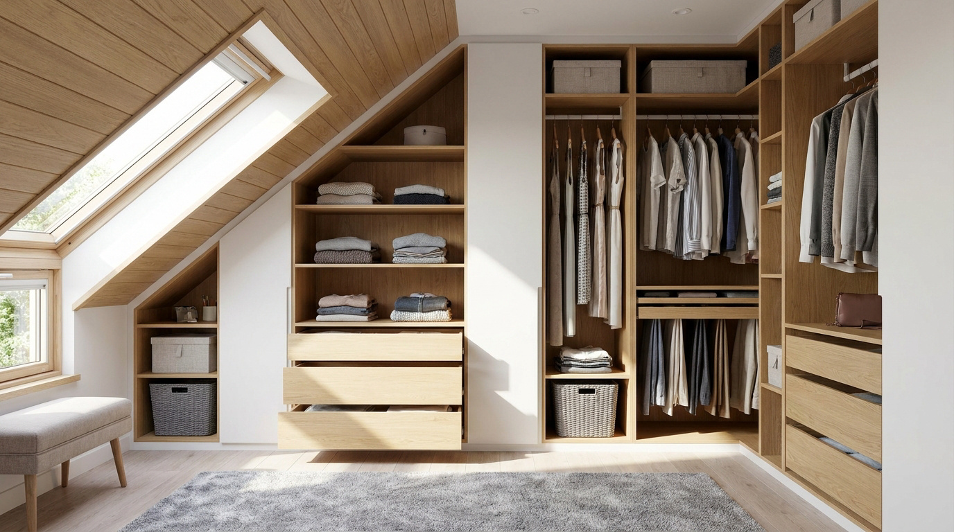 Dressing intégré en bois clair dans une chambre sous les toits avec étagères, tiroirs et penderies.