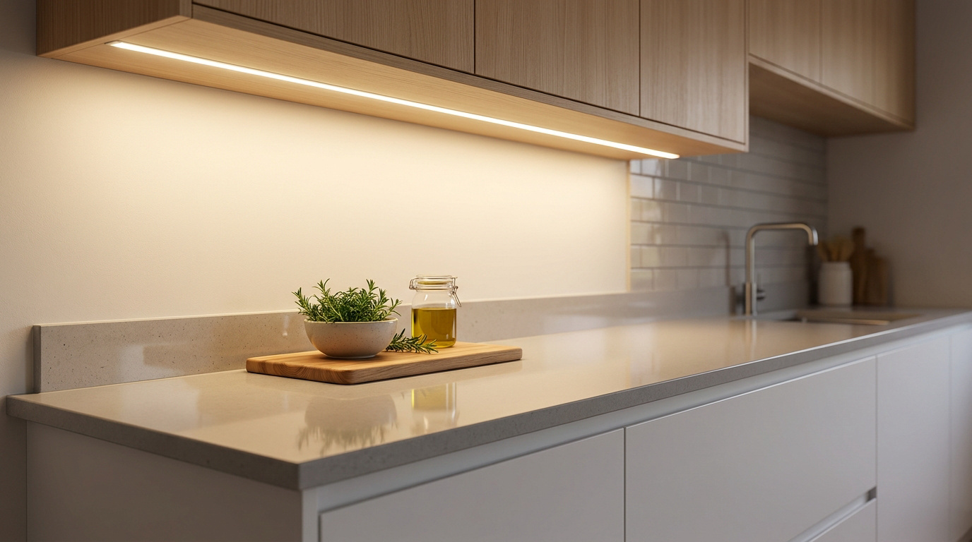 Bandeau LED sous les meubles de cuisine éclairant un plan de travail en quartz avec une plante et une huile.