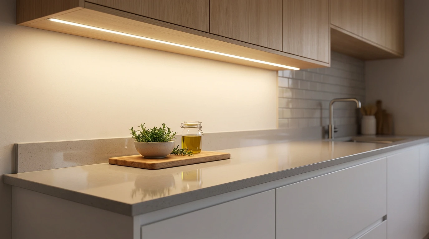 Bandeau LED sous les meubles de cuisine éclairant un plan de travail en quartz avec une plante et une huile.