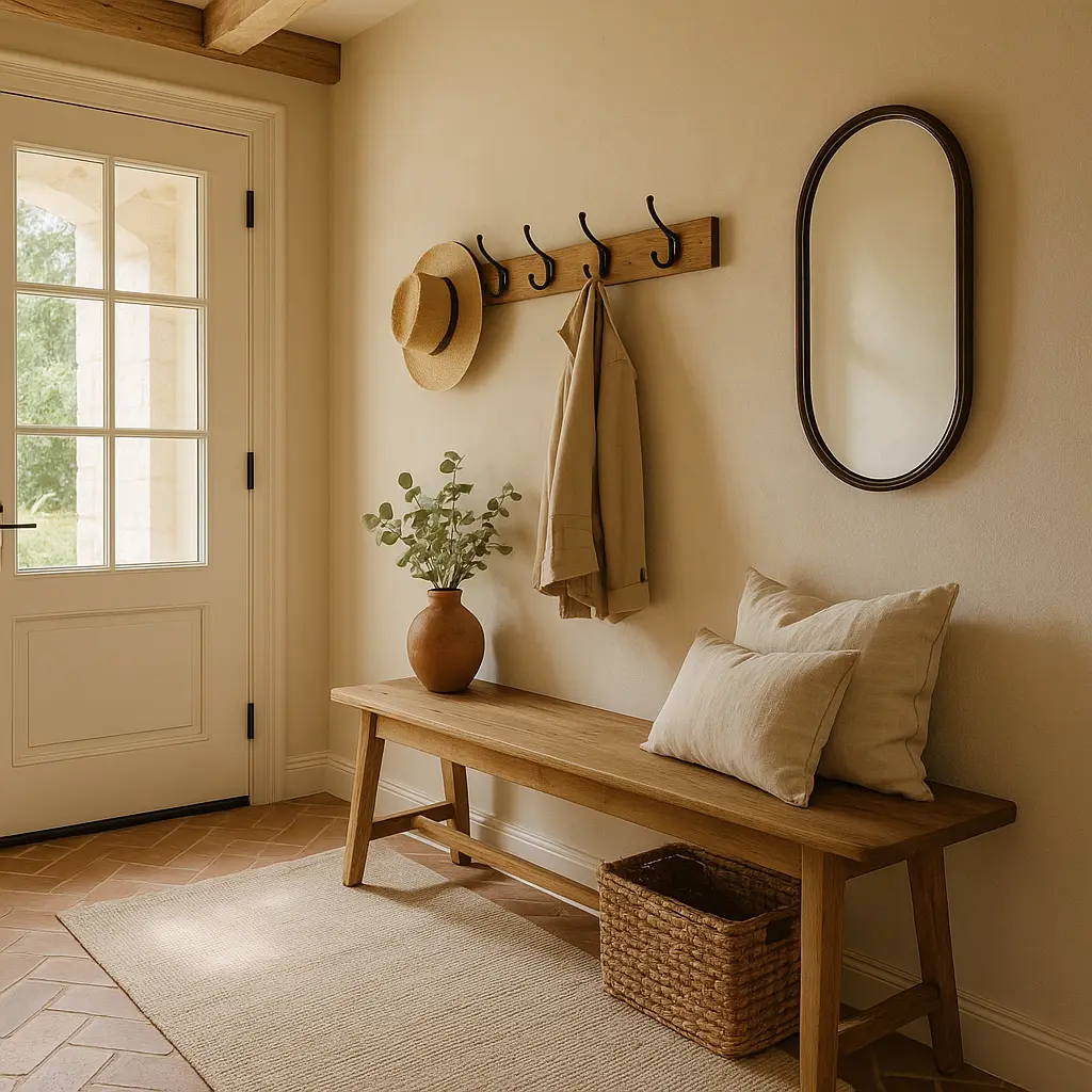 Entrée accueillante d’une maison avec rangements et lumière douce
