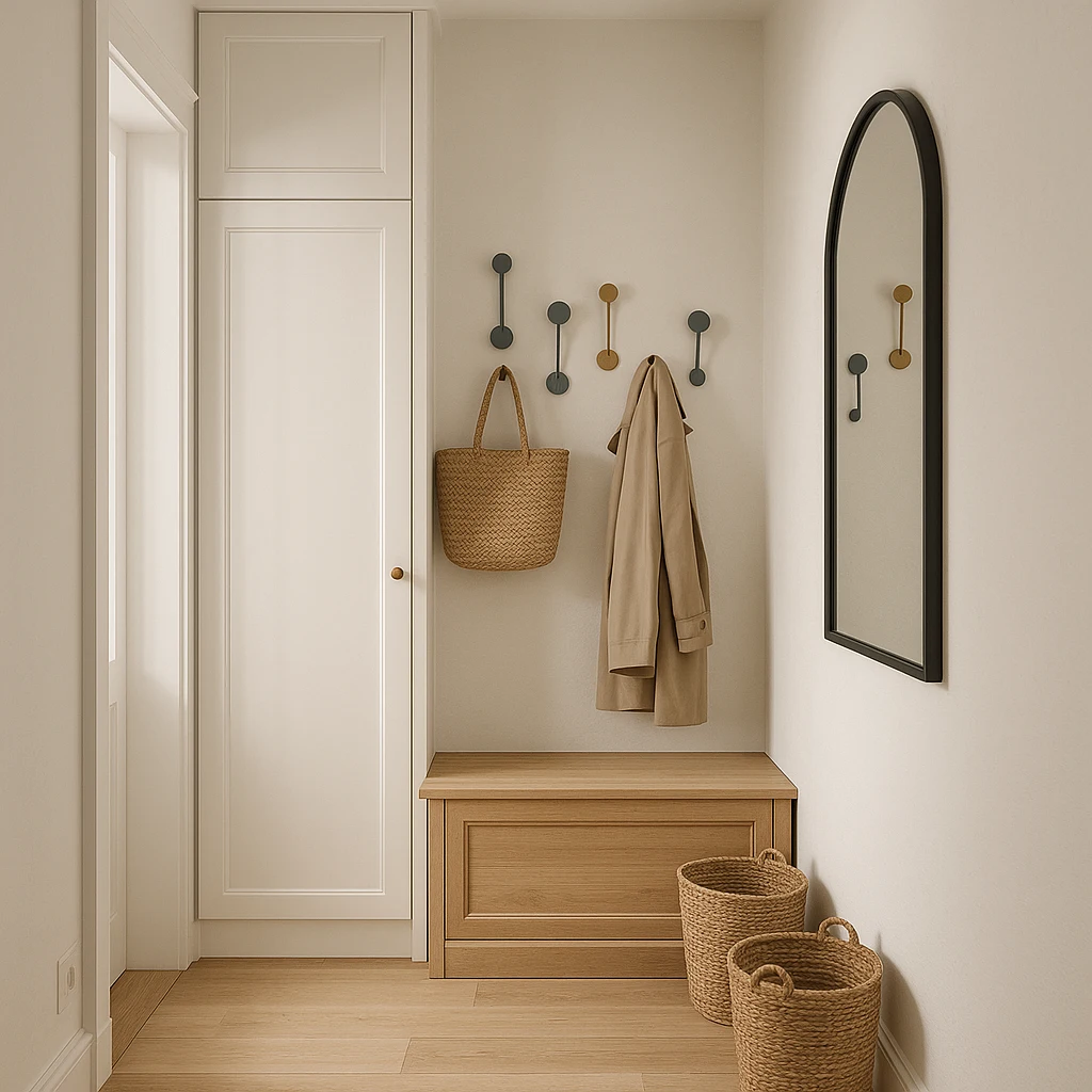Entrée étroite aménagée avec rangements malins et miroir pour gagner visuellement de l’espace