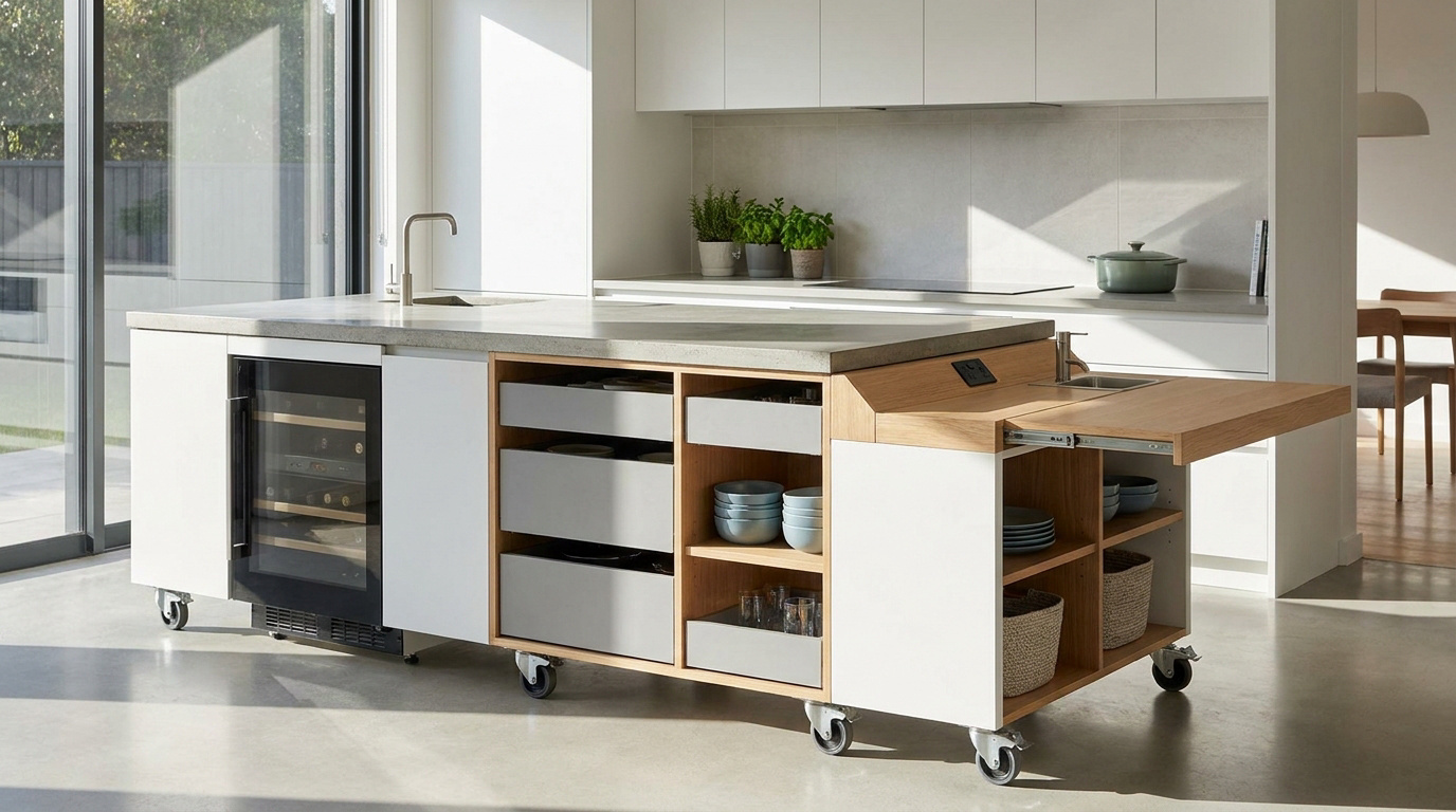 Un îlot de cuisine moderne et blanc sur roulettes avec des tiroirs, une cave à vin et un plan de travail escamotable.