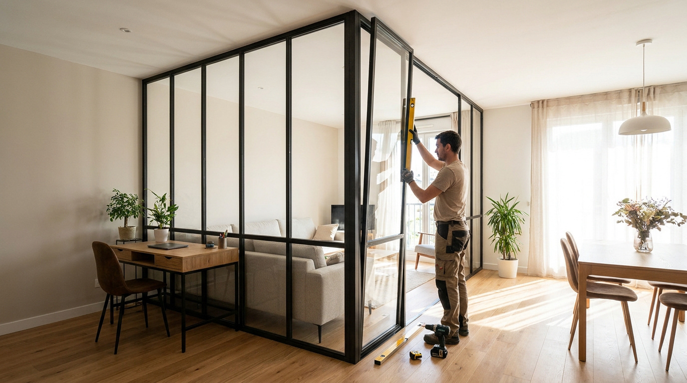 Un artisan installe une verrière d'atelier en métal noir dans un salon moderne en utilisant un niveau à bulle.