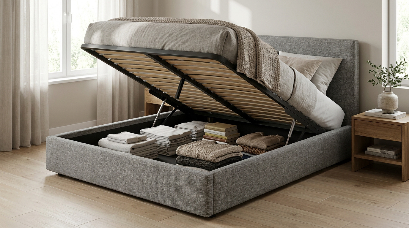 Lit coffre en tissu gris ouvert révélant un espace de rangement organisé avec des vêtements pliés et des livres.