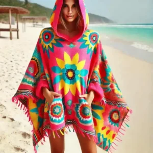 Femme portant un poncho de plage à capuche multicolore avec motifs bohèmes et couleurs vives au bord de la mer.