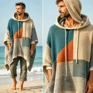 Homme portant un poncho à capuche en tissu épais aux couleurs beige, bleu et terracotta, idéal pour la mi-saison