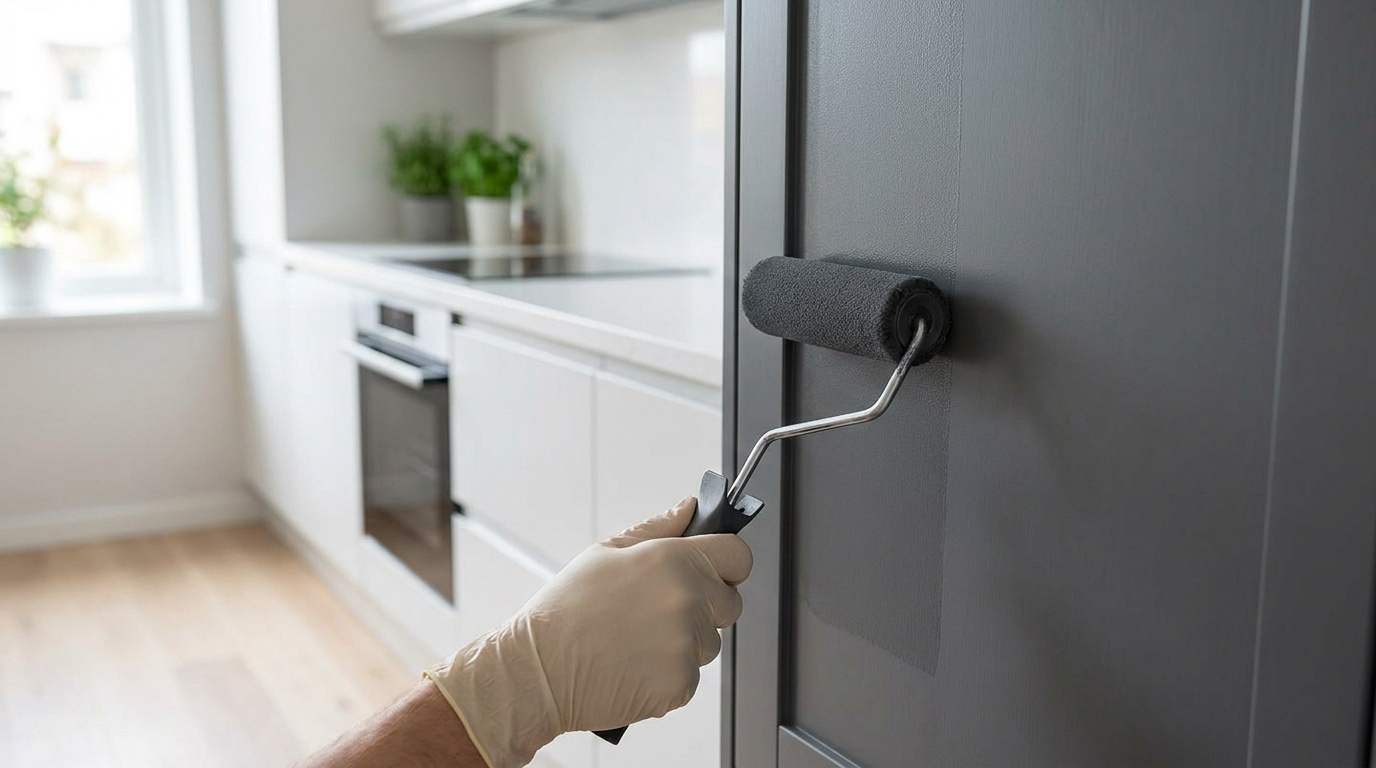 Une main gantée utilisant un rouleau pour peindre une porte de placard de cuisine en gris foncé.