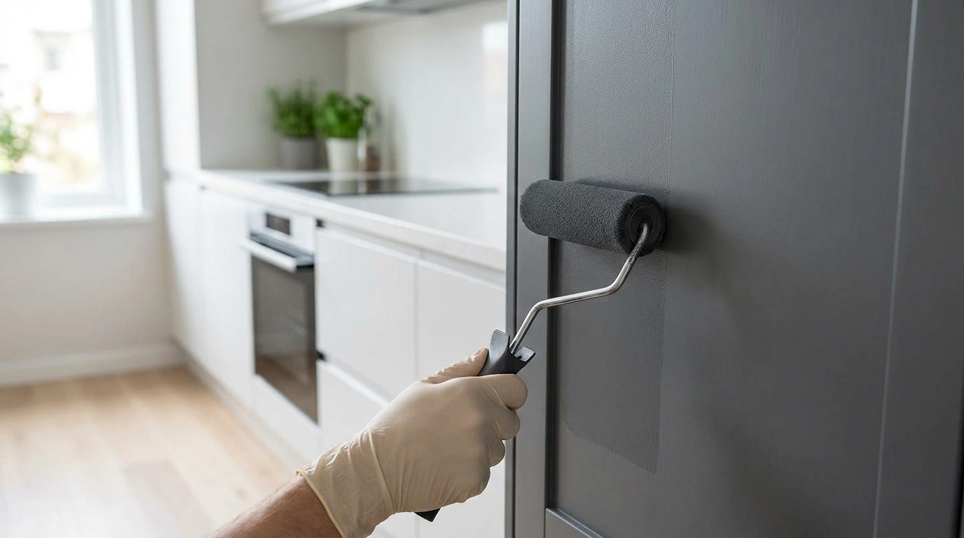 Une main gantée utilisant un rouleau pour peindre une porte de placard de cuisine en gris foncé.
