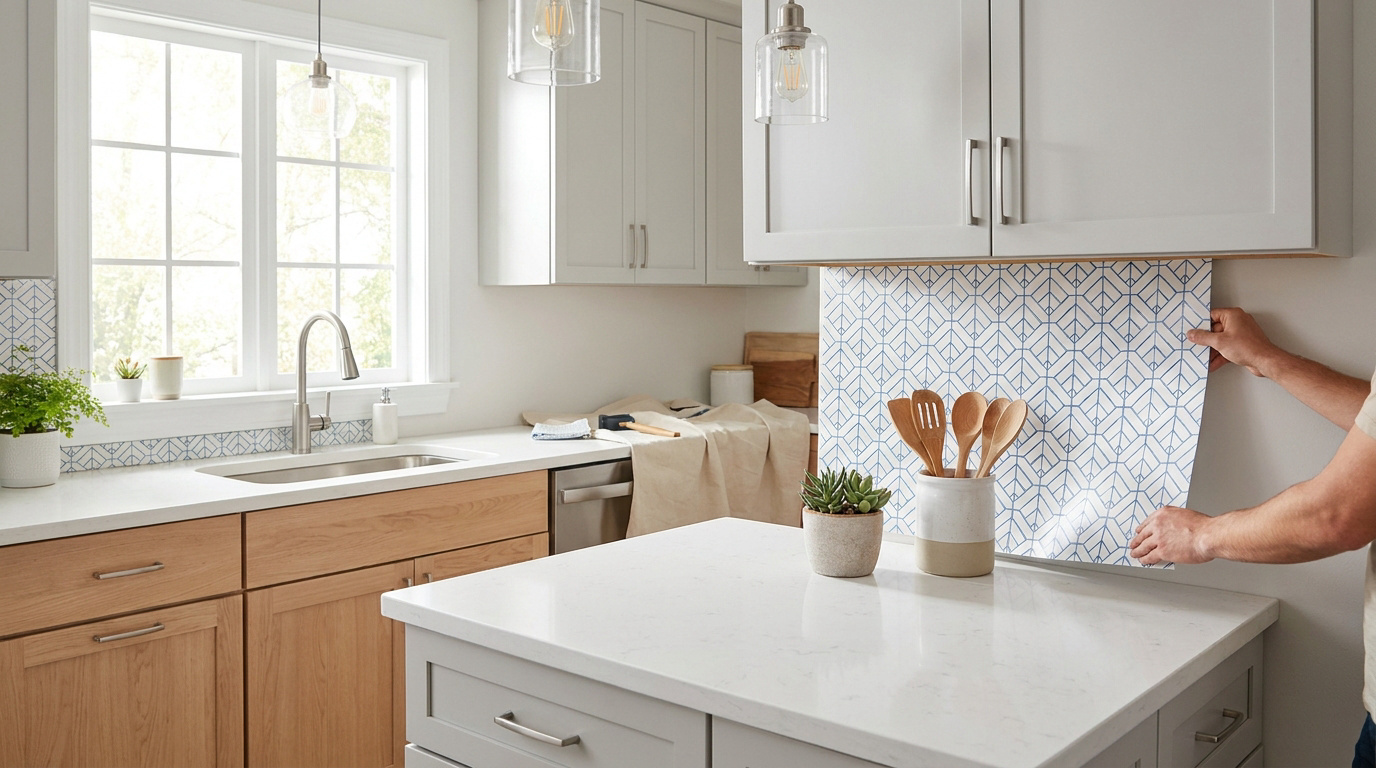 Une personne installe une crédence adhésive à motifs géométriques bleus et blancs dans une cuisine moderne.
