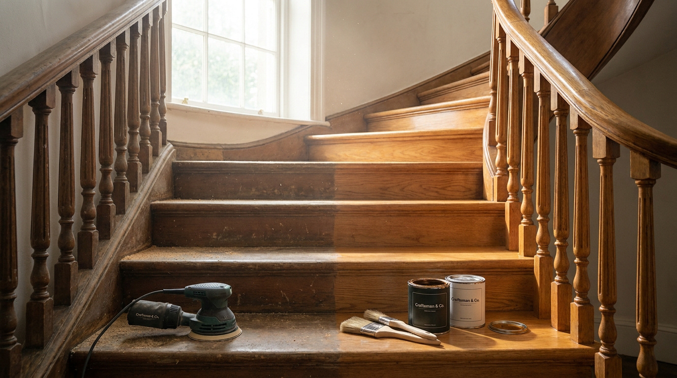 Comparaison visuelle entre un escalier en bois brut poncé et verni avec du matériel de bricolage au premier plan.