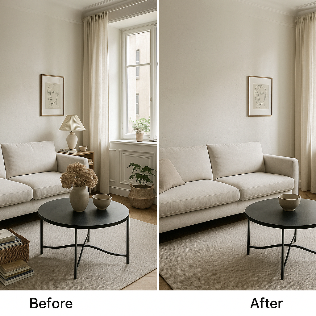 Les objets qui encombrent visuellement un intérieur sans qu’on s’en rende compte 2 Salon avec encombrement visuel avant et après allègement