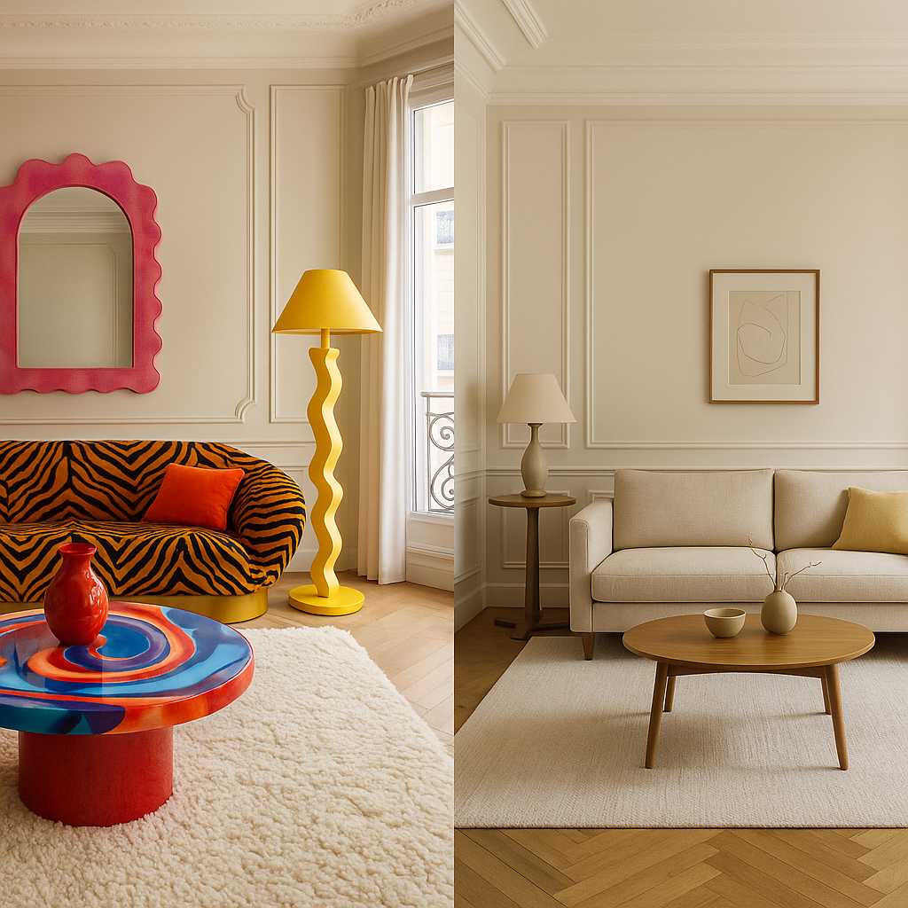 Salon avec une décoration très tendance et une alternative plus intemporelle