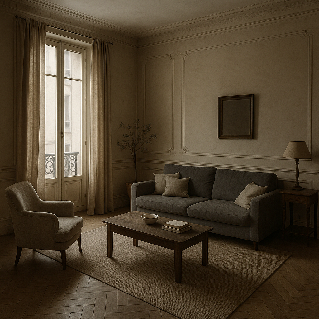 Salon bien décoré mais à l’ambiance triste avec une lumière insuffisante