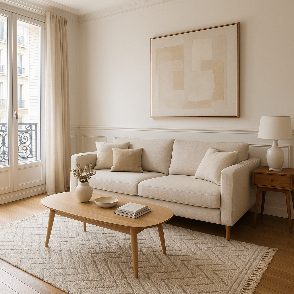 Les règles de proportion que tous les décorateurs utilisent 2 Salon décoré avec des proportions équilibrées entre canapé, table basse et tapis