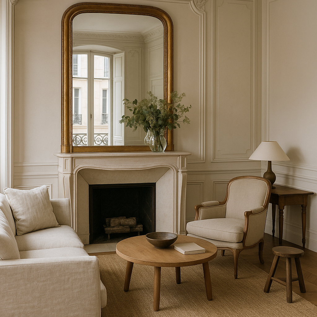 Salon élégant avec miroir décoratif pour créer un effet haut de gamme décoration