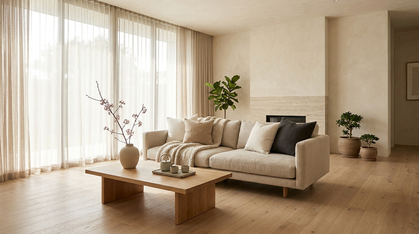 Salon au style Japandi avec canapé beige, table basse en bois et grandes baies vitrées baignées de lumière naturelle.