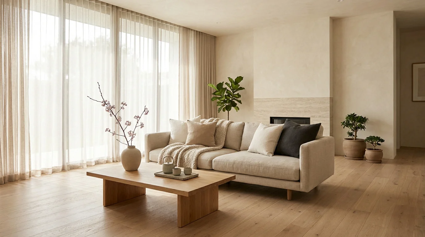 Salon au style Japandi avec canapé beige, table basse en bois et grandes baies vitrées baignées de lumière naturelle.