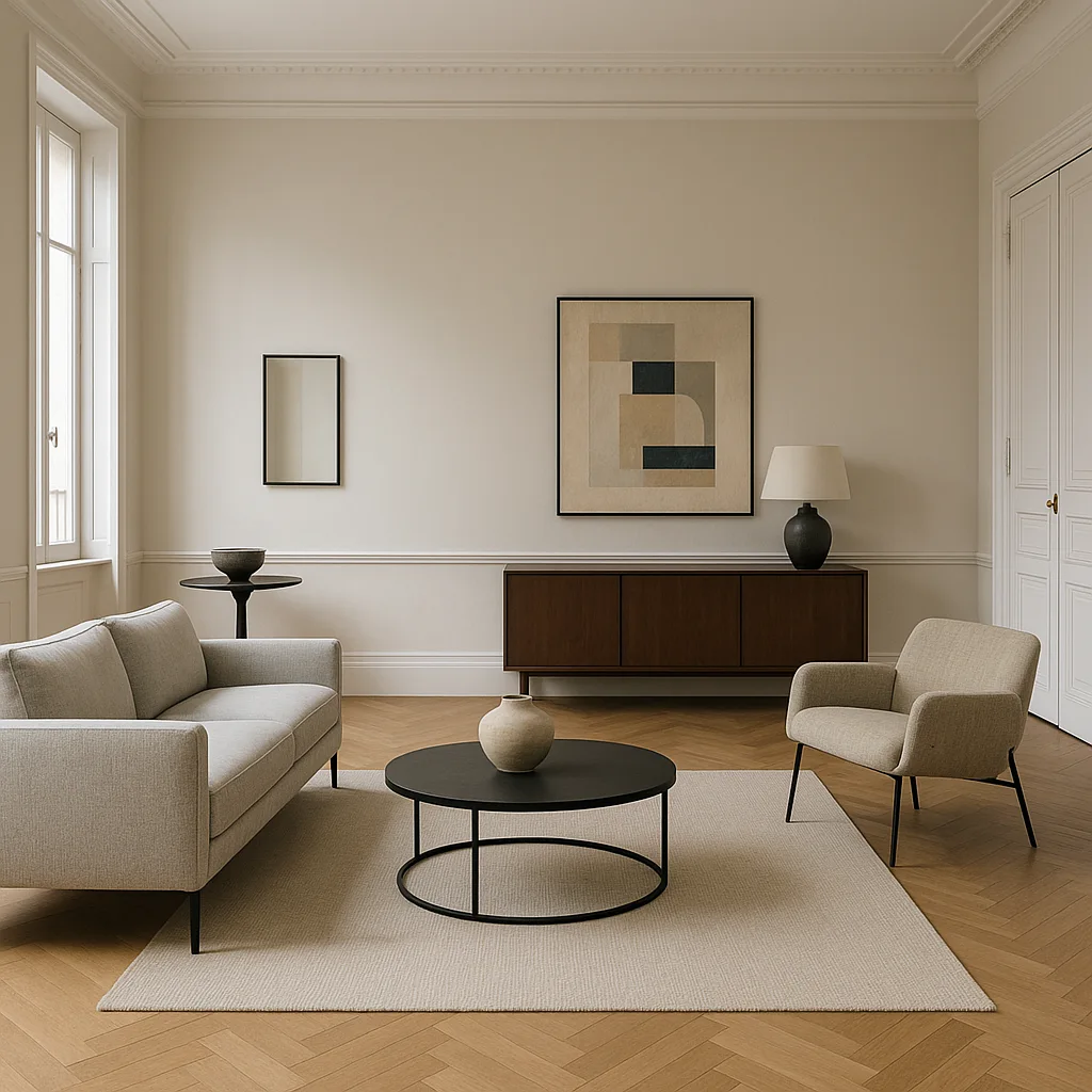 Salon mal aménagé avec mobilier trop éloigné qui accentue une ambiance froide