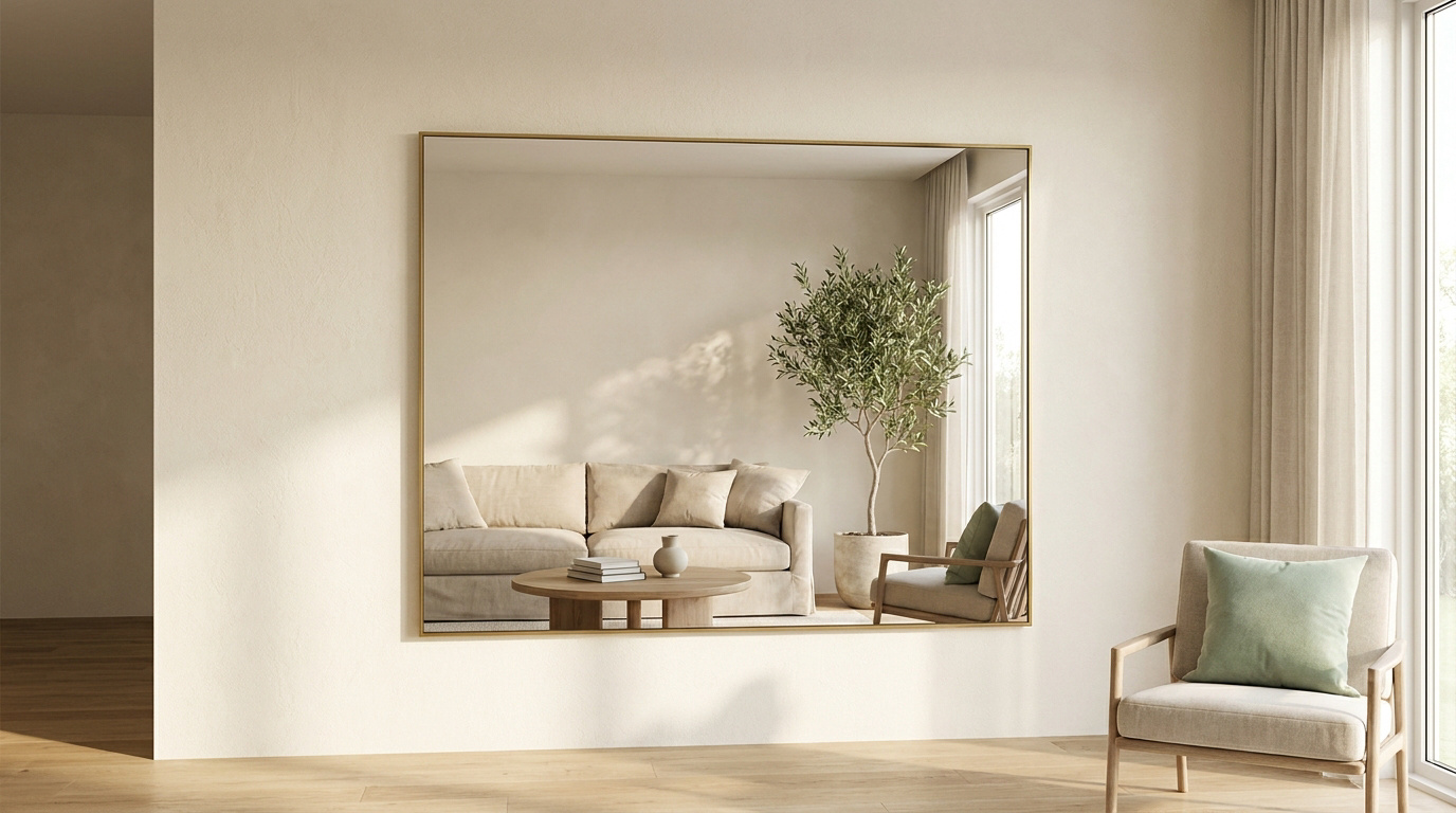 Miroir rectangulaire à cadre doré accroché sur un mur beige dans un salon lumineux avec fauteuil et plantes.