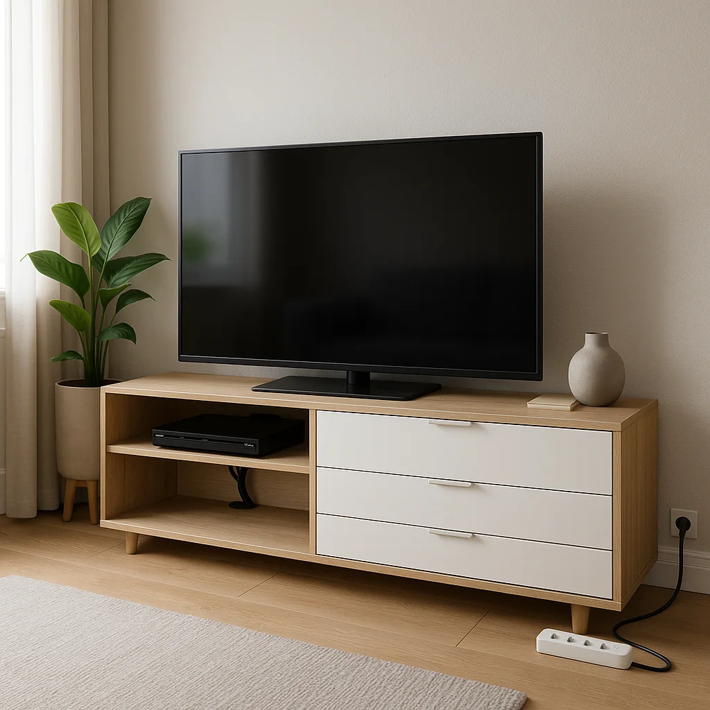 Comment cacher les câbles dans un salon moderne ? 2 Salon moderne avec câbles cachés derrière un meuble TV bas