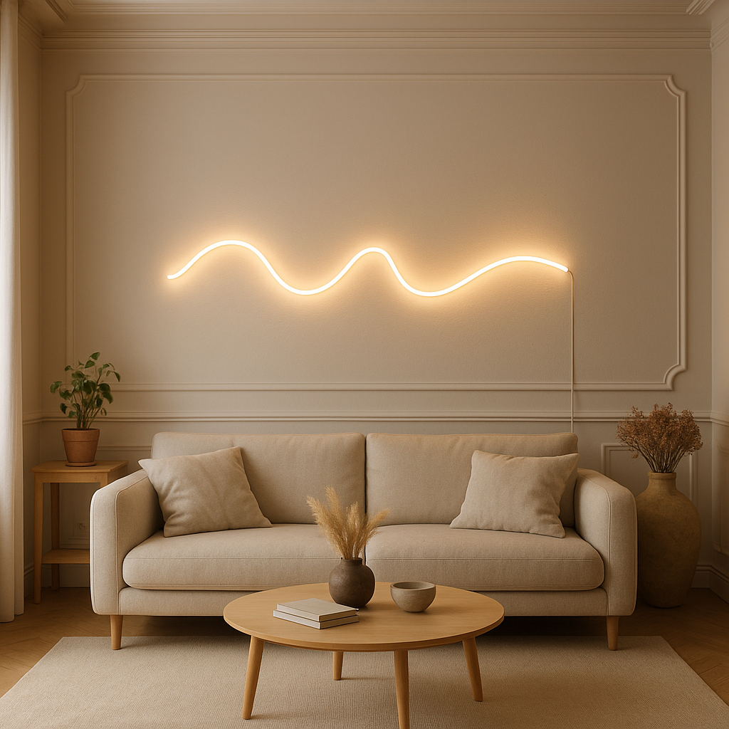Salon moderne avec néon LED au-dessus du canapé