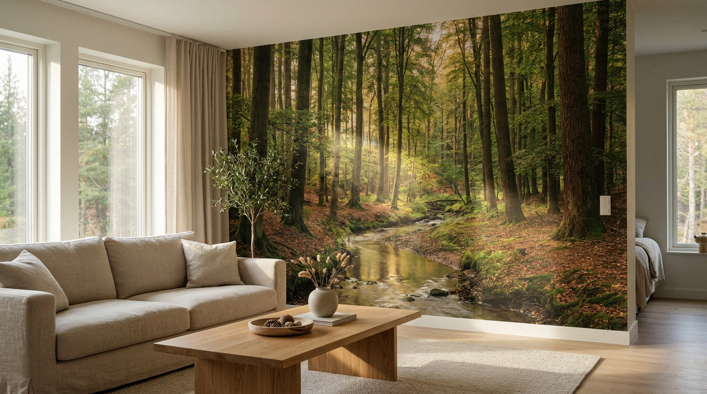 Salon moderne avec un grand papier peint mural représentant une forêt lumineuse traversée par une rivière calme.