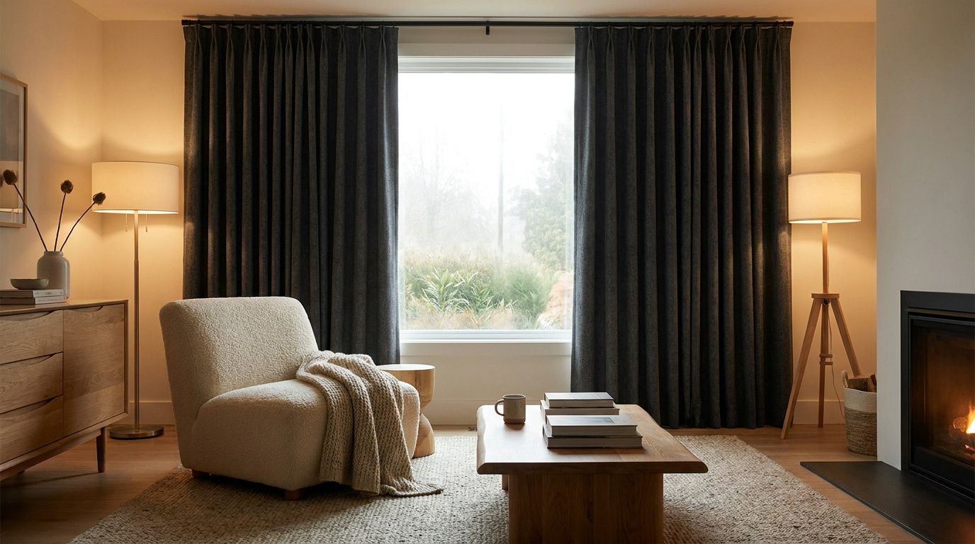Salon moderne avec rideaux thermiques gris foncé, fauteuil en tissu bouclette et cheminée dans une ambiance chaleureuse.