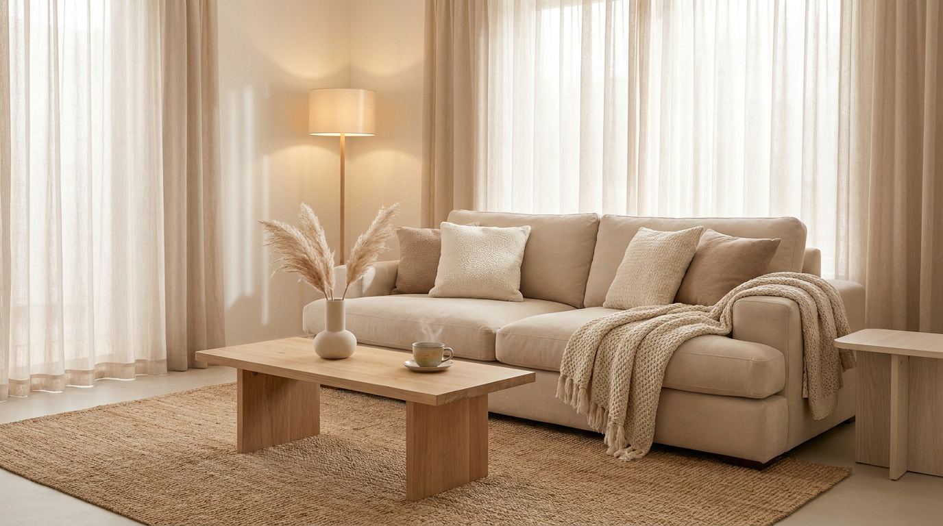 Salon moderne aux tons beiges avec un canapé confortable, une table basse en bois et des rideaux légers.