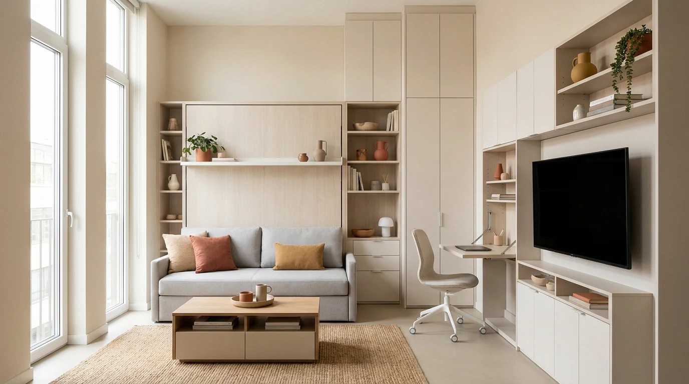 Studio moderne et lumineux avec lit escamotable, canapé gris et bureau intégré dans des meubles sur mesure beiges.