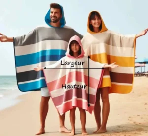 Comparatif des dimensions d'un poncho de bain pour homme, femme et enfant avec indication de la largeur et de la hauteur.