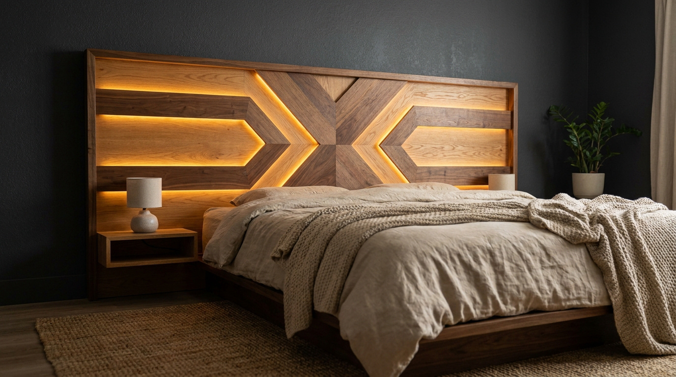 Tête de lit en bois moderne avec motifs géométriques et éclairage LED chaleureux au-dessus d'un lit douillet.