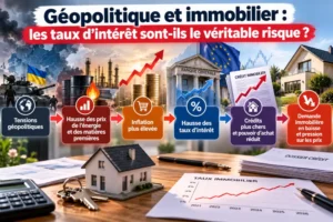 infographie montrant soldats et barils a gauche, banque centrale et drapeaux a droite, maison miniature et documents sur bureau