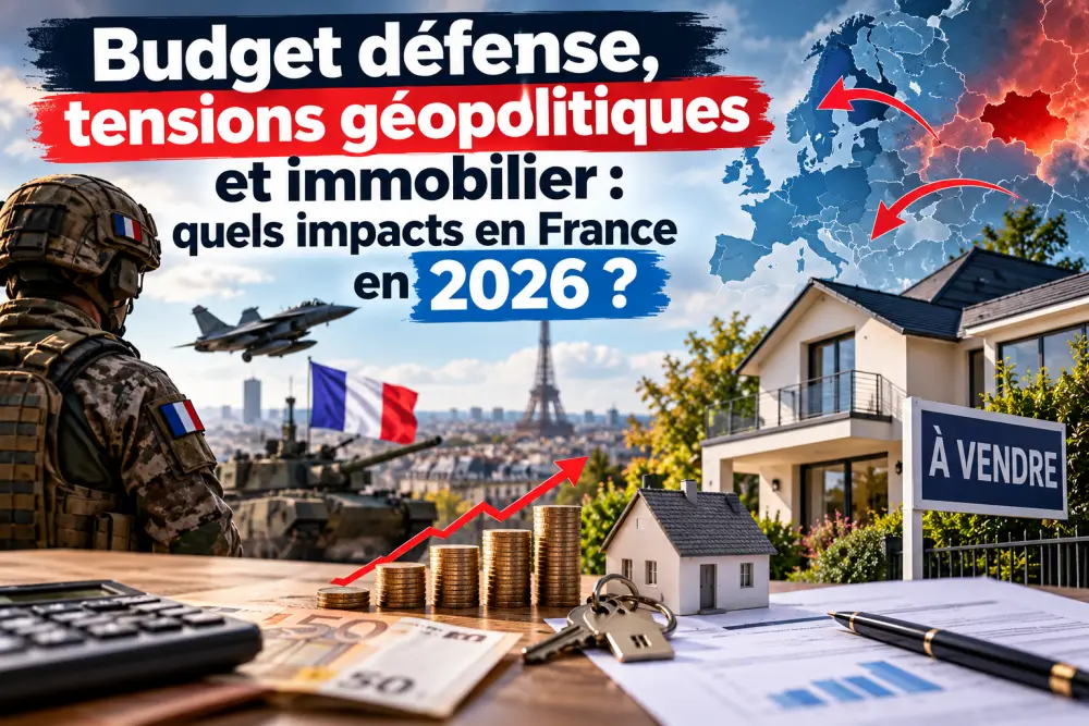 Soldat en camouflage à gauche, char et drapeau français, avion en vol et maison à vendre à droite; pièces et maquette sur le bureau.